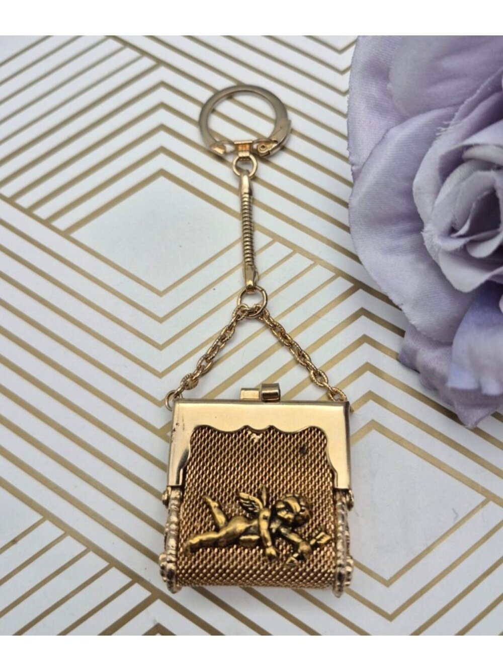 Vintage Mini Metal Mesh Coin Purse Keychain Cherub Putti Gold Tone Clip